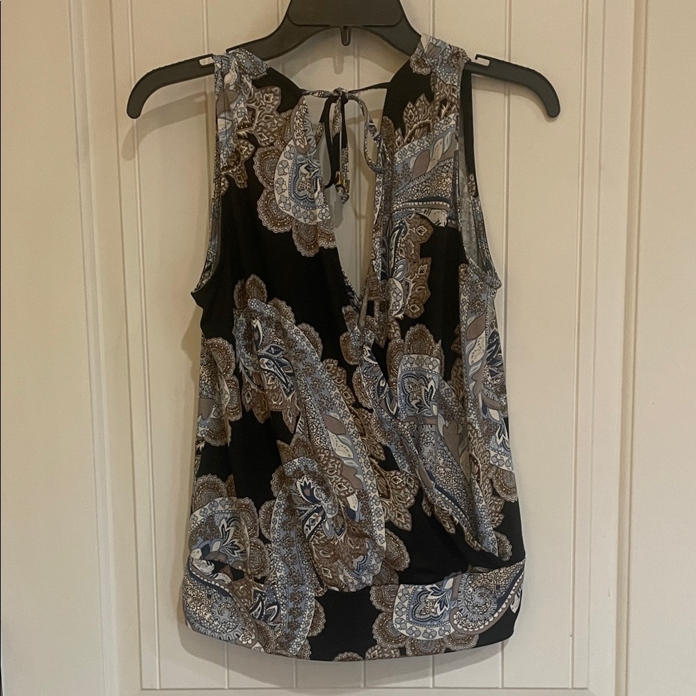 Veronica M Black and Tan Paisley sleeveless Blouse V in front and back large - Picture 1 of 5